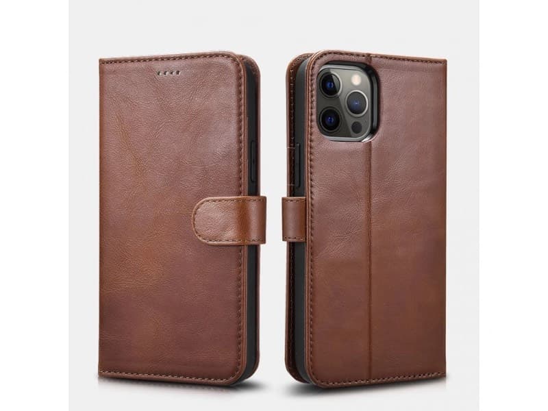 iPhone 12 Pro Max - iCarer Crazy Horse Etui portefeuille en cuir véritable, 2en1 avec protection RFID, marron – 2