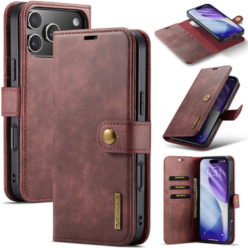 iPhone 17 Pro - DG.MING Flip Case, 3 Kartenfächer, Magnetverschluss, Leder-Optik, Rot