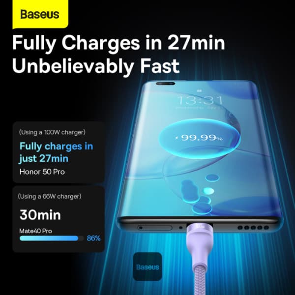Baseus Flash Series Ⅱ One-for-three Fast Charging Cable USB to M+L+C 100W 1.5m Violett (CASS030005) – 4