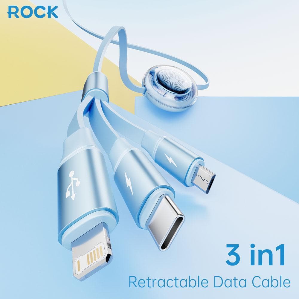 3 in 1 Datenkabel - Rock Honeycomb Series, Micro-USB, USB-C, Lightning, hellblau, einziehbar, 110cm – 4