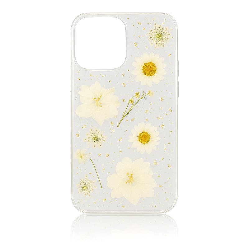 iPhone 13/14/15 - Hülle mit echten Blumen und goldenen Akzenten, weiss