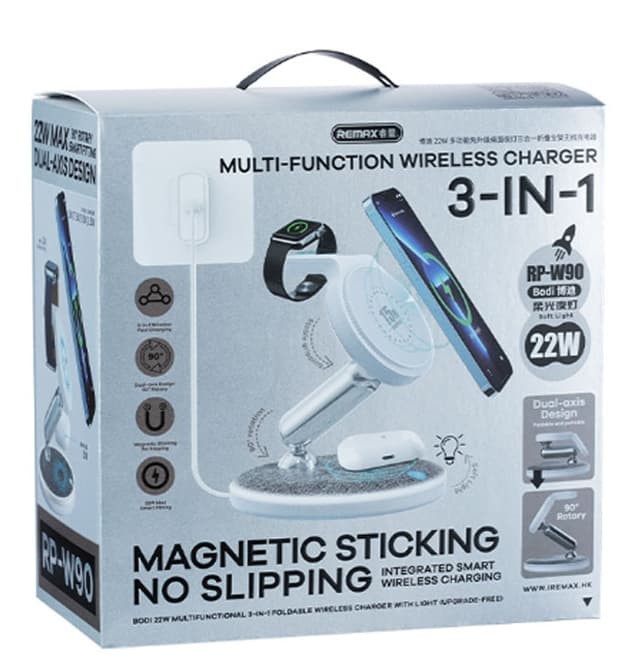 REMAX - RP-W90 Caricabatterie wireless pieghevole 3 in 1, 22W, bianco – 2