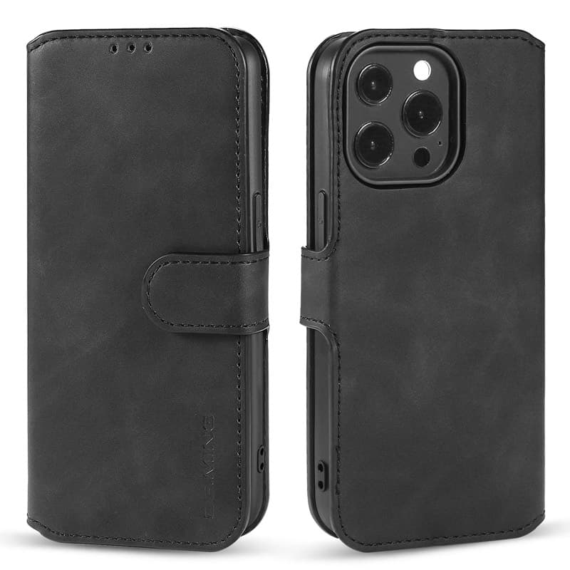 iPhone 12 Pro Max - DG.MING Étui à rabat vintage, 3 emplacements pour cartes, fermeture magnétique, noir