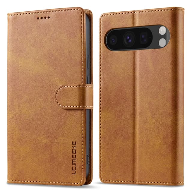 Google Pixel 10/10 Pro - Etui portefeuille LC.IMEEKE avec 3 emplacements pour cartes & fermeture magnétique, marron clair