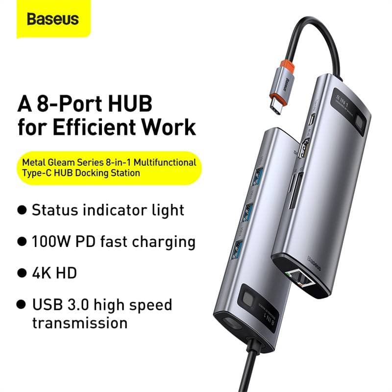 Baseus - Metal Gleam Series - 8-in-1 Multifunction Type-C HUB Docking Station, Gray (CAHUB-CV0G) – 4