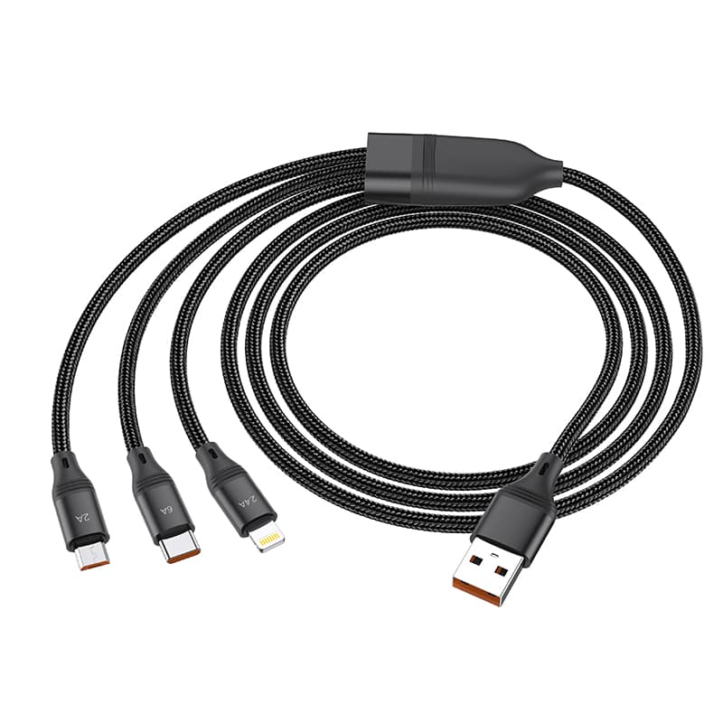 HOCO 3-in-1 Ultra 6A fast charging data cable for lightning+Micro+Type-C, schwarz (U104) – 3