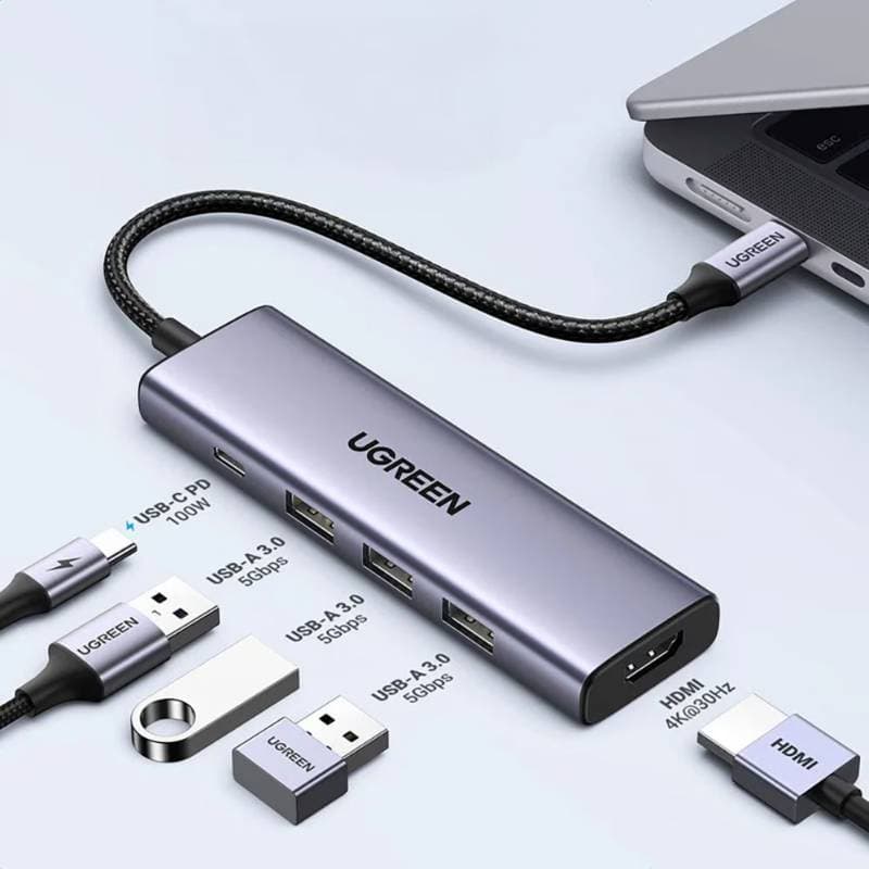 Ugreen - USB-C Hub 5-in-1 with HDMI 4K@60Hz & 3x USB-A (CM511 / 15597), gray/black