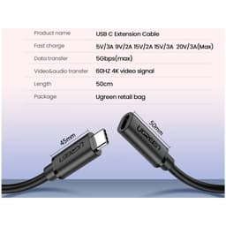 UGREEN - USB-C Verlängerungskabel 0.5m Type-C male Type-C female - 20V 3A, schwarz – Bild 8