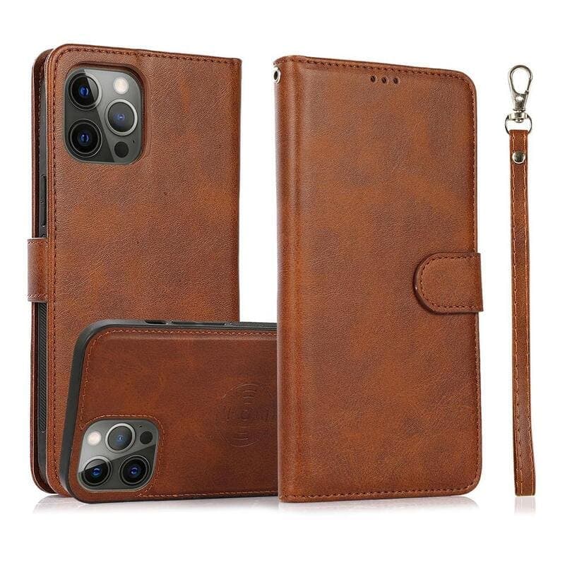 iPhone 14 Pro Max - Custodia flip magnetica 2in1 con slot per carte e cinturino da polso, marrone