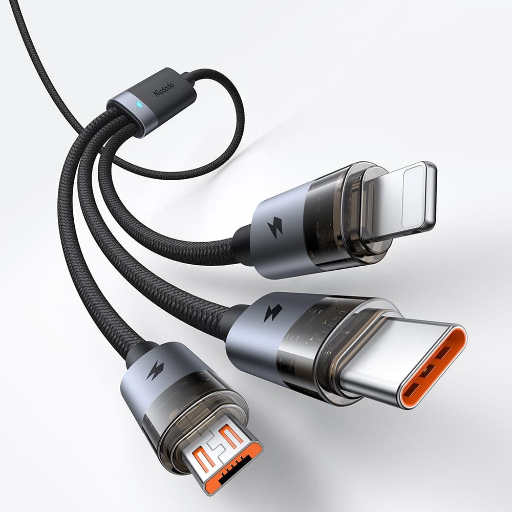 McDodo - 3-in-1 cable, transparent, USB-A to C + Lightning + Micro-USB, 1.2 m, black – 4