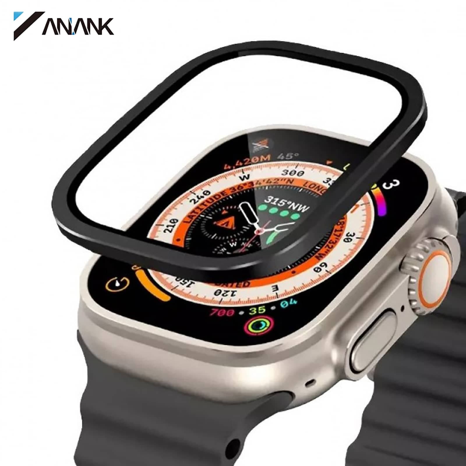 ANANK Apple Watch Ultra 49mm - Tempered Glass / Panzerglas mit Titanium Frame, schwarz