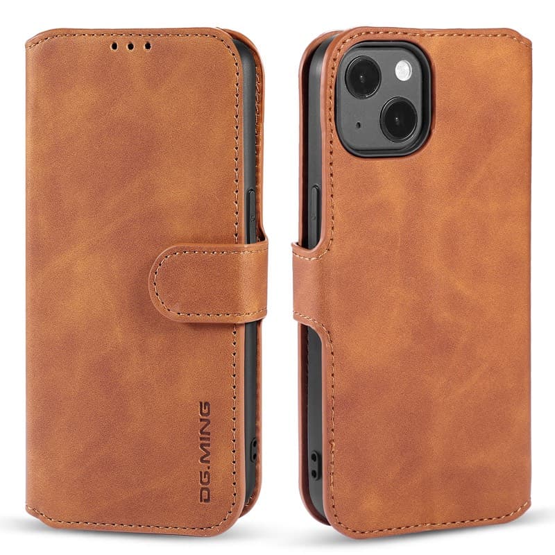 iPhone 13 Mini - DG.MING Etui à rabat vintage, 3 emplacements pour cartes, fermeture magnétique, brun chameau