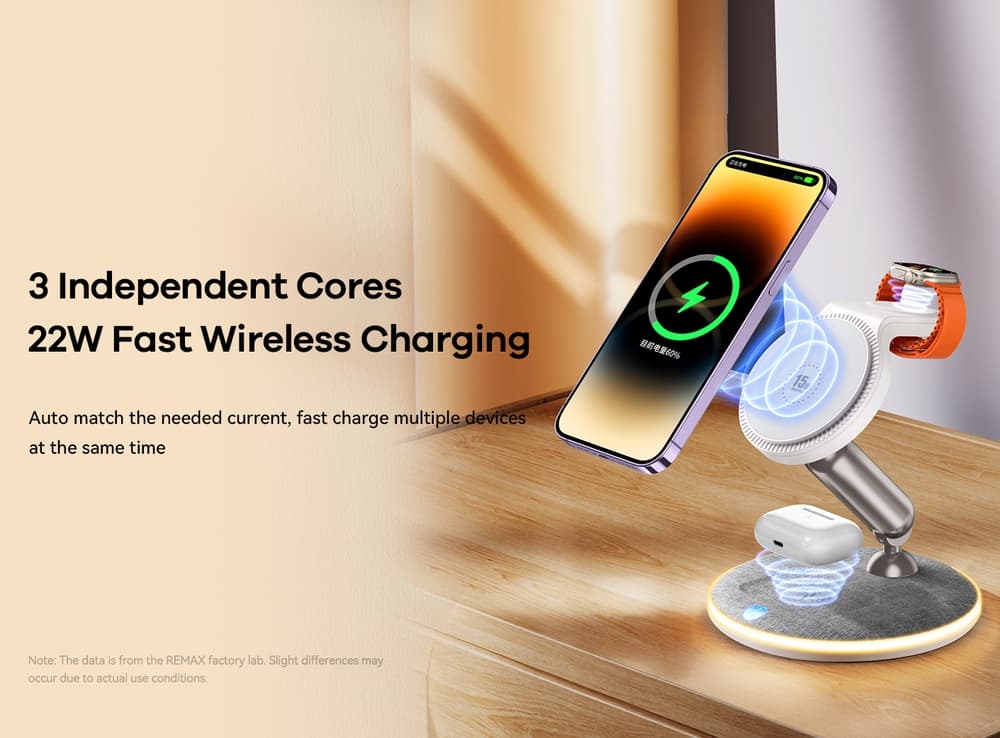 REMAX - RP-W90 Caricabatterie wireless pieghevole 3 in 1, 22W, bianco – 3