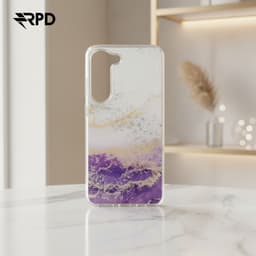 Samsung Galaxy S23 - violette, goldene Marmor Muster Hülle mit silbrigen Akzenten. – Bild 3