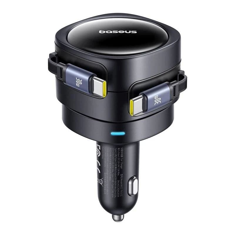 Caricabatterie da auto Baseus Enjoyment Max - 60W Doppio cavo USB-C retraibile, design ruotabile - Nero