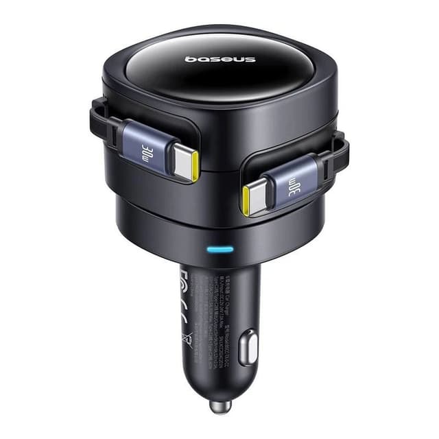 Baseus Enjoyment Max Chargeur de voiture - 60W Double câble USB-C rétractable, design pivotant - Noir