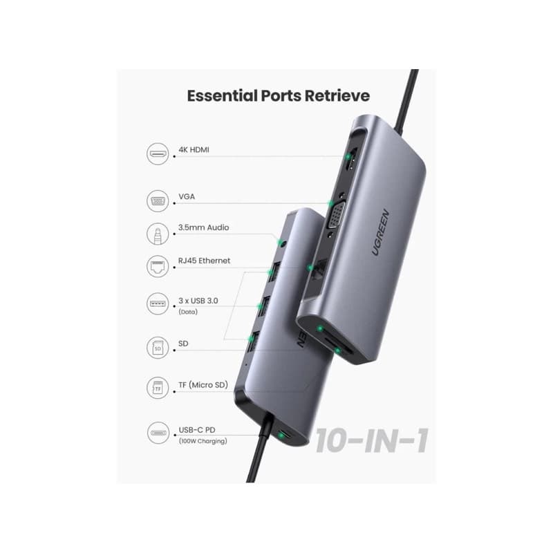 Ugreen – USB-C Hub 10-in-1 mit Audio, HDMI, VGA, LAN, SD/TF & PD (CM179 / 80133), grau/schwarz – 2