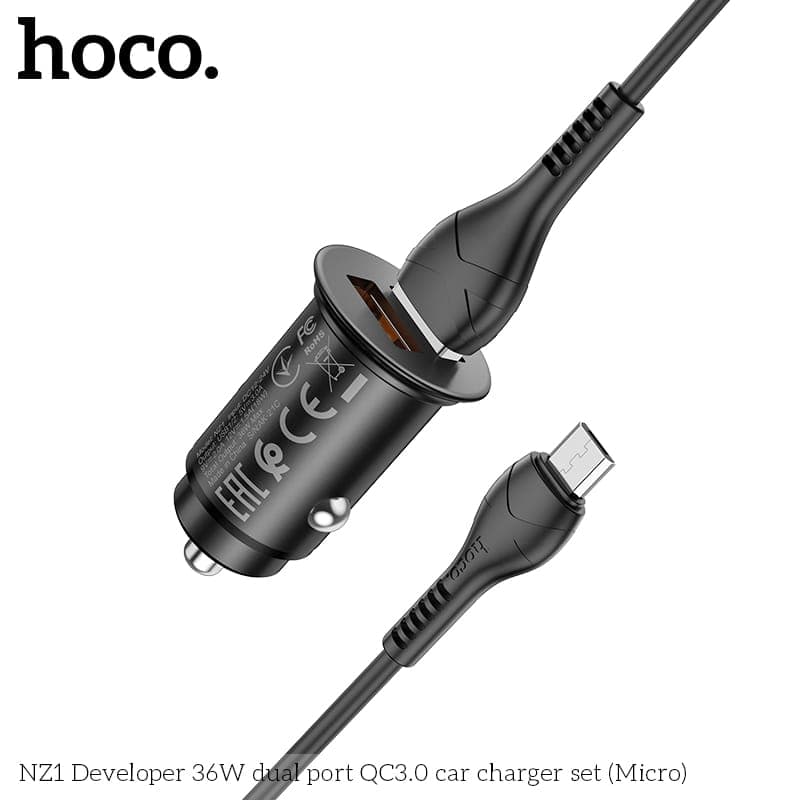 Hoco NZ1 Developer 36W Dual Port QC3.0 Kit chargeur voiture (micro-USB vers USB), noir – 2