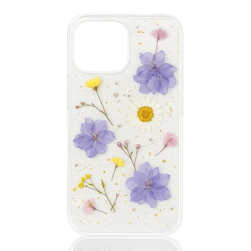 iPhone 16e/17e - Hülle mit echten Blumen und silberne Akzenten, violett