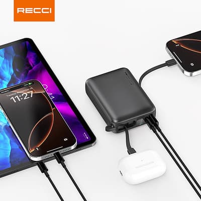 Recci RPB-P63 20000mAh - Hoco Powerbank con cavo USB Type-C integrato, colore argento, alta capacità e ricarica rapida 22.5W – 4