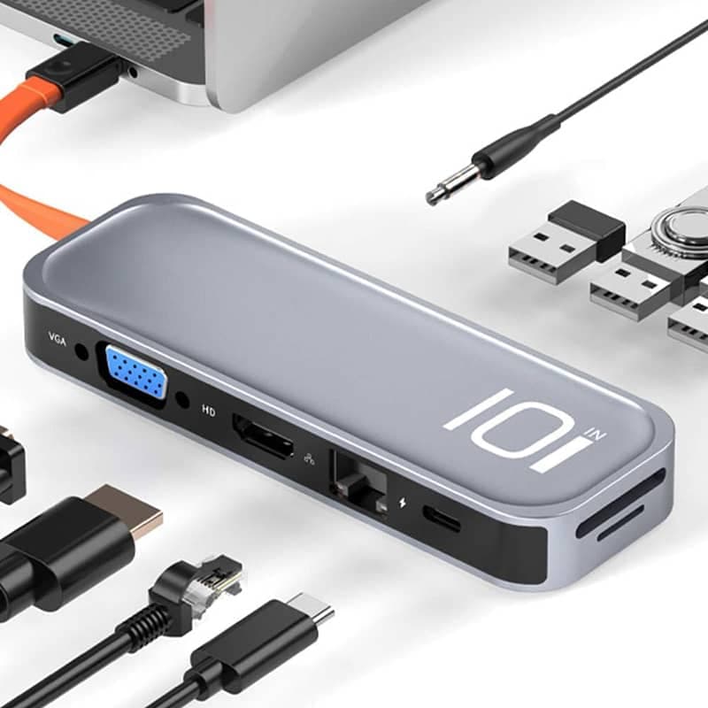 ROCK 10-in-1 USB-C hub - HDMI, VGA, RJ45, 3×USB 3.0, card reader, gray