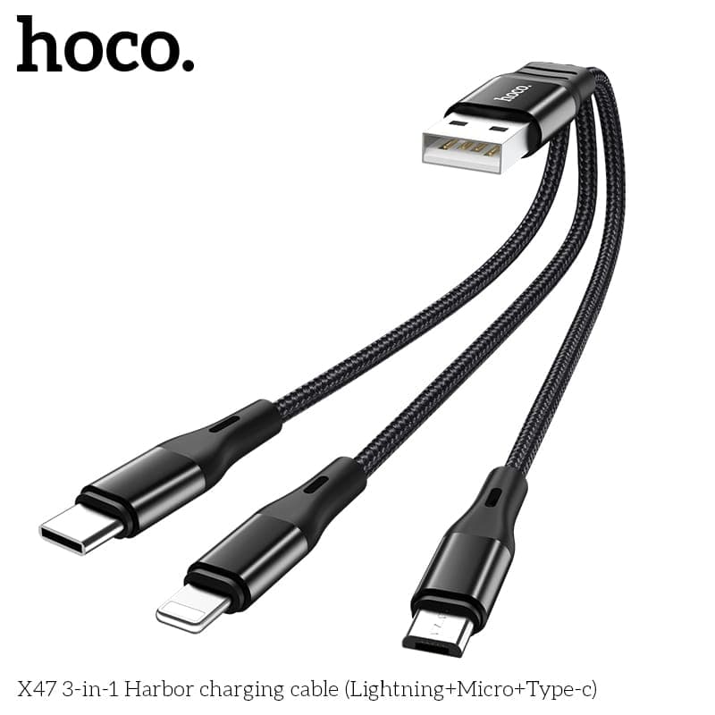 Hoco X47 3-in-1 Harbor Ladekabel (Lightning/Micro-USB/USB-C), 25 cm, Schwarz – 2