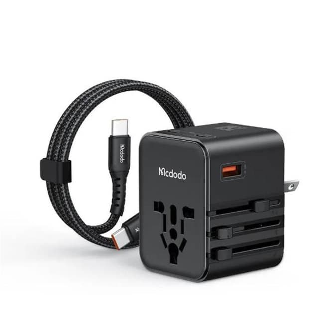 Mcdodo - Globepower 25W universal travel adapter, 2 USB-C, 1 USB-A with USB-C cable, black