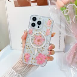 iPhone 13/14 - Étui MagSafe avec de vraies fleurs et des accents dorés, rose – Bild 2