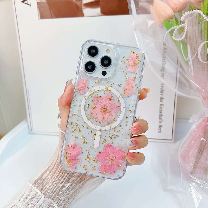 iPhone 13/14 - MagSafe Hülle mit echten Blumen und goldenen Akzenten, pink – 2