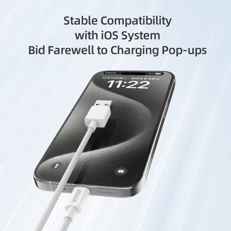 ROCK Z20 Câble USB-A vers Lightning 100 cm - Câble de charge rapide et de données 2.4A, blanc, tissé – 3