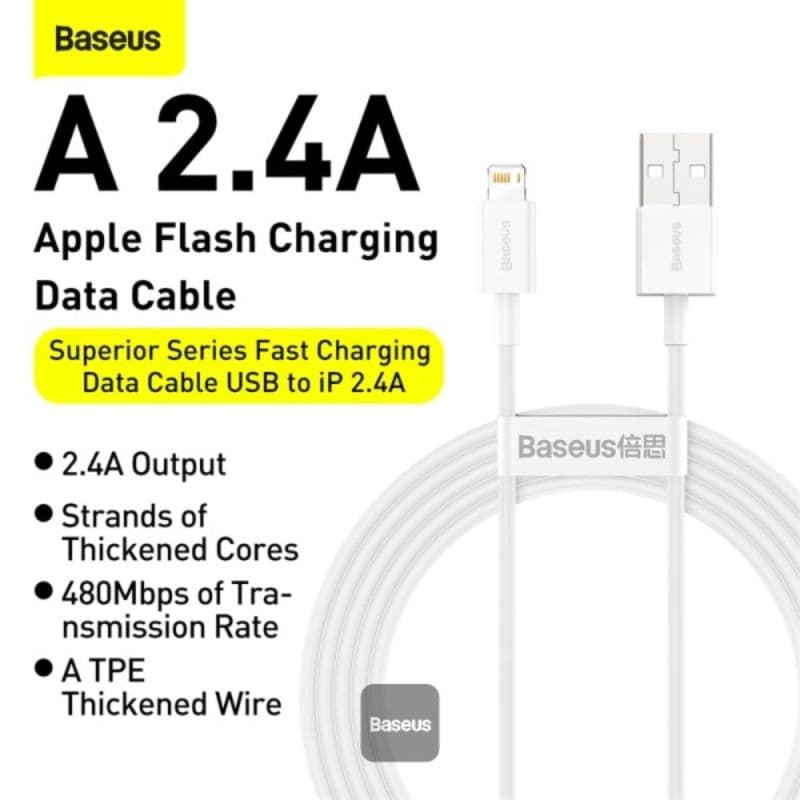 Baseus Superior Series - Câble de recharge rapide USB-A vers LIghtning, 2.4A 2m, Blanc (CALYS-C02) – 3
