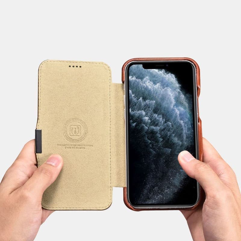 iPhone 11 Pro Max - iCarer Vintage Magnetic Style Genuine Leather Folio Flip Case, RIX1109-GG, Khaki – 2