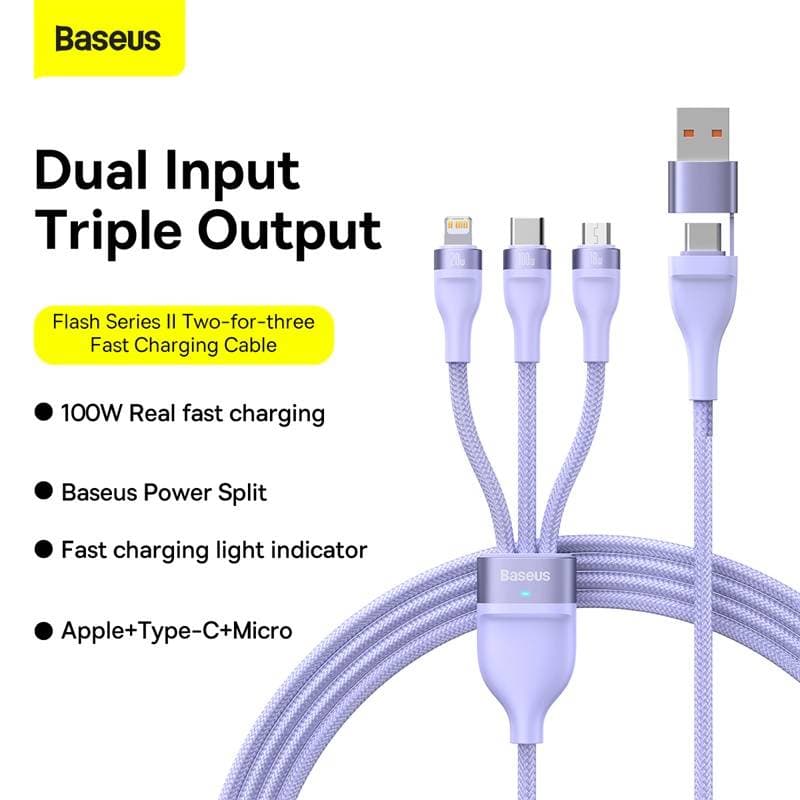 Baseus - Flash Serie Ⅱ - 2-in-1 Ladekabel U+C auf M+L+C, 100W 1.2m, Lila (CASS030105) – 4