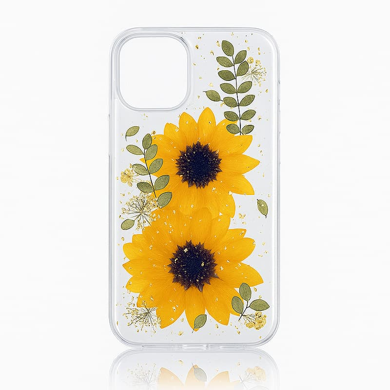 iPhone 16e/17e - Hülle mit echten Blumen und goldenen Akzenten, gelb