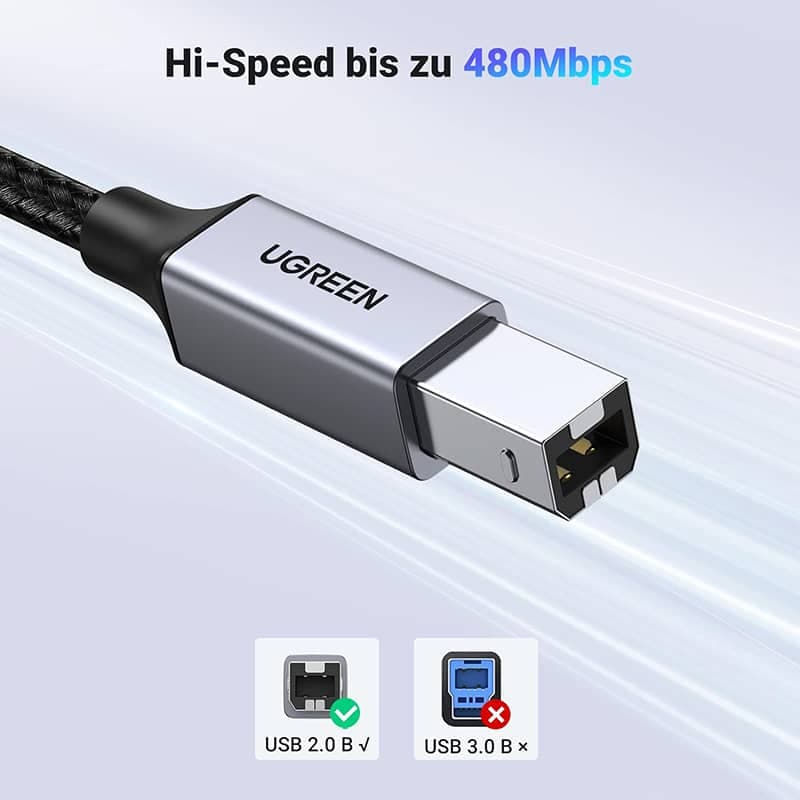 Ugreen – USB-C auf USB-B 2.0 Druckerkabel – Alugehäuse 2 m (US370 / 80807), schwarz/grau – 4