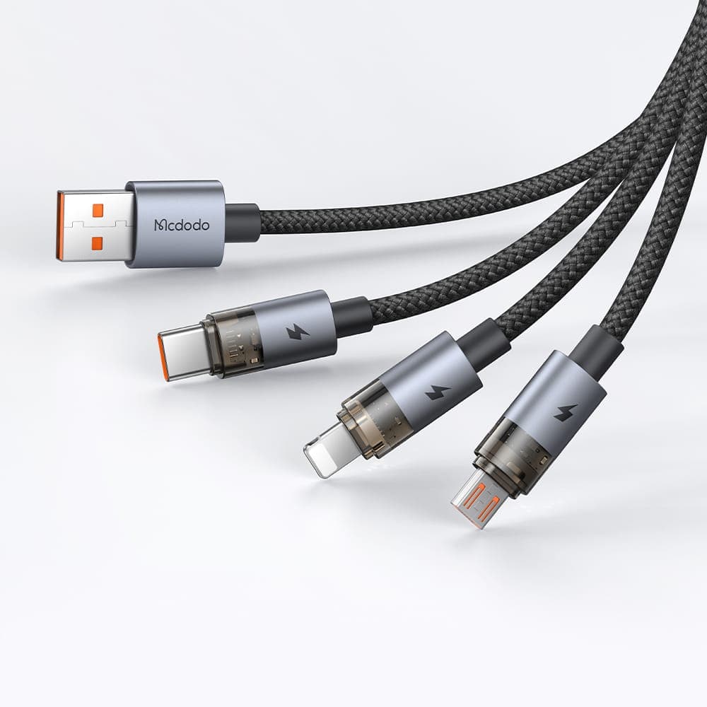 McDodo - 3-in-1 cable, transparent, USB-A to C + Lightning + Micro-USB, 1.2 m, black