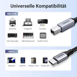 Ugreen – USB-C auf USB-B 2.0 Druckerkabel – Alugehäuse 2 m (US370 / 80807), schwarz/grau – Bild 8