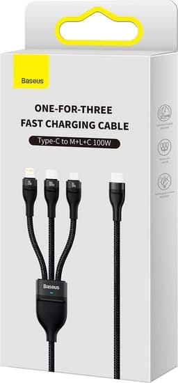 Baseus Flash Series Ⅱ One-for-three Fast Charging Cable USB to M+L+C 100W 1.5m noir (CASS030001) – Bild 8