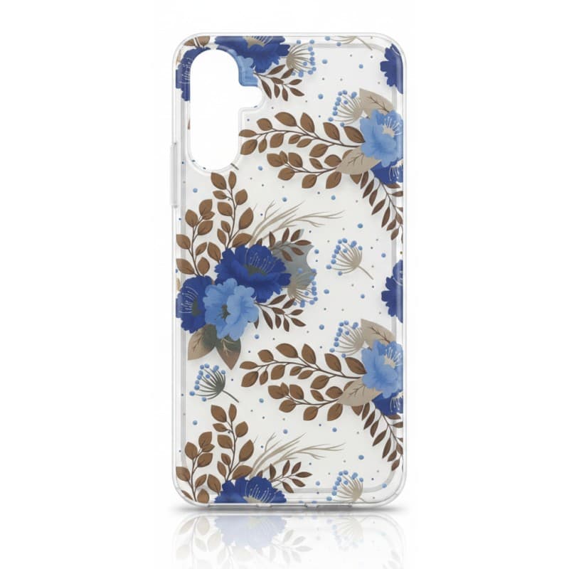 A35 - Blumenhülle mit goldenen Details und blauen Blumen.