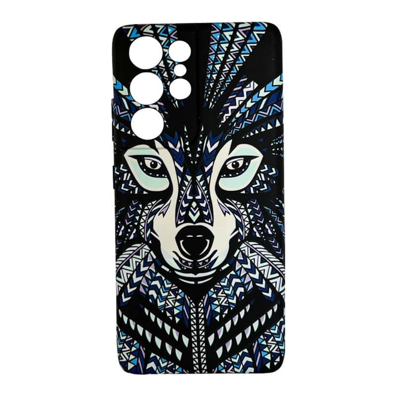 Samsung Galaxy S21 Ultra – Actec Backcase Blue Fox mit Tribal-Wolf Design, Blau/Schwarz