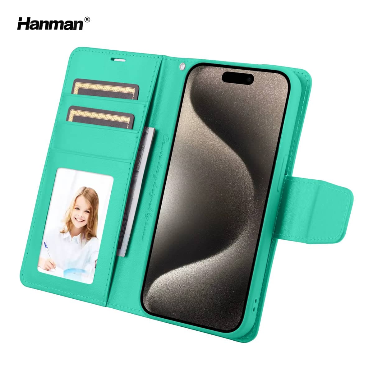 Apple iPhone 15 - Hanman Mill Flip Case mit 3 Kartenfächern, Türkis