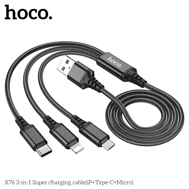 Hoco X76 3-in-1 Super charging cable(iP+Type-C+Micro), schwarz – 3