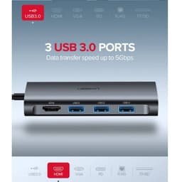 Ugreen - Hub USB-C 9-en-1 avec HDMI, VGA, LAN, SD/TF & PD (CM179 / 40873), gris – Bild 2