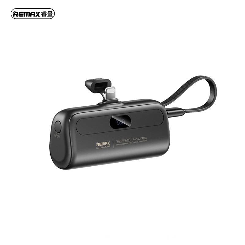 REMAX RPP-77 Serie Capsule 20W Powerbank 5000mAh con cavo iPhone a ricarica rapida, nero