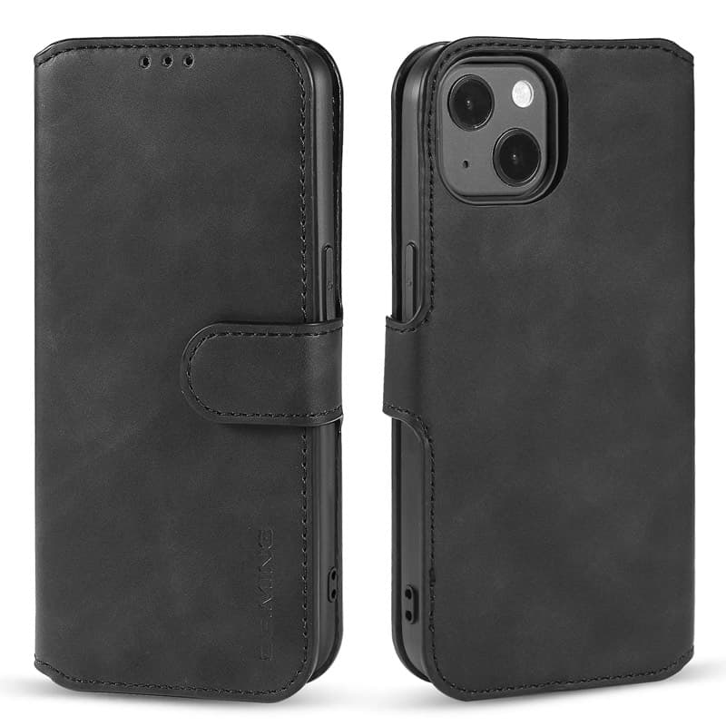 iPhone 13 - DG.MING Vintage Flip Case, 3 Kartenfächer, Magnetverschluss, Leder-Optik, schwarz