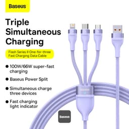 Baseus Flash Series Ⅱ One-for-three Fast Charging Cable USB to M+L+C 100W 1.5m Violet (CASS030005) – Bild 3
