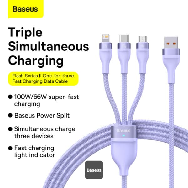 Baseus Flash Series Ⅱ One-for-three Fast Charging Cable USB to M+L+C 100W 1.5m Violett (CASS030005) – 3