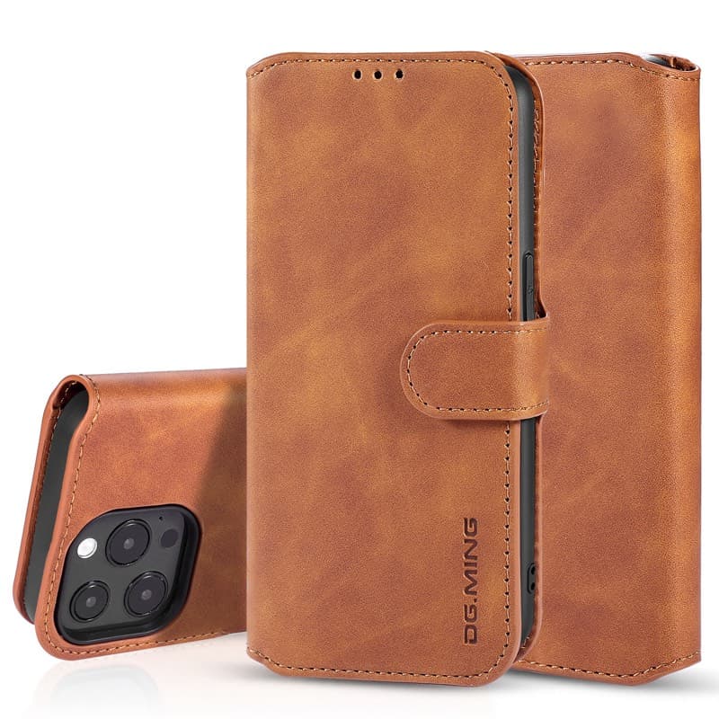 iPhone 13 Pro Max - DG.MING Vintage Flip Case, 3 Kartenfächer, Magnetverschluss, Kamelbraun – 3