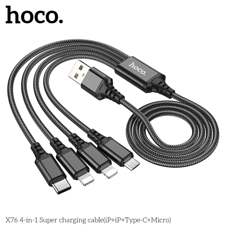 Hoco X76 4-in-1 Super charging cable(iP+iP+Type-C+Micro), schwarz – 3