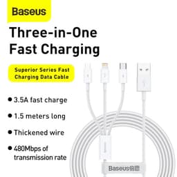 Baseus - Superior Serie - Schnellladekabel USB auf M+L+C, 3.5A 1.5m, Weiss (CAMLTYS-02) – Bild 3